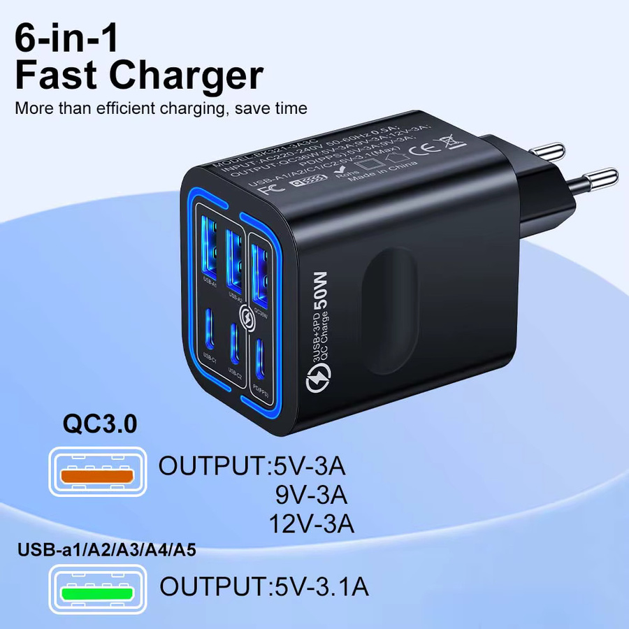 GUSEYEE 100 W USB-Ladegerät mit 6 Ports für Schnellladung von iPhone, Samsung und Xiaomi mit EU, US und UK Steckern - Bild 3