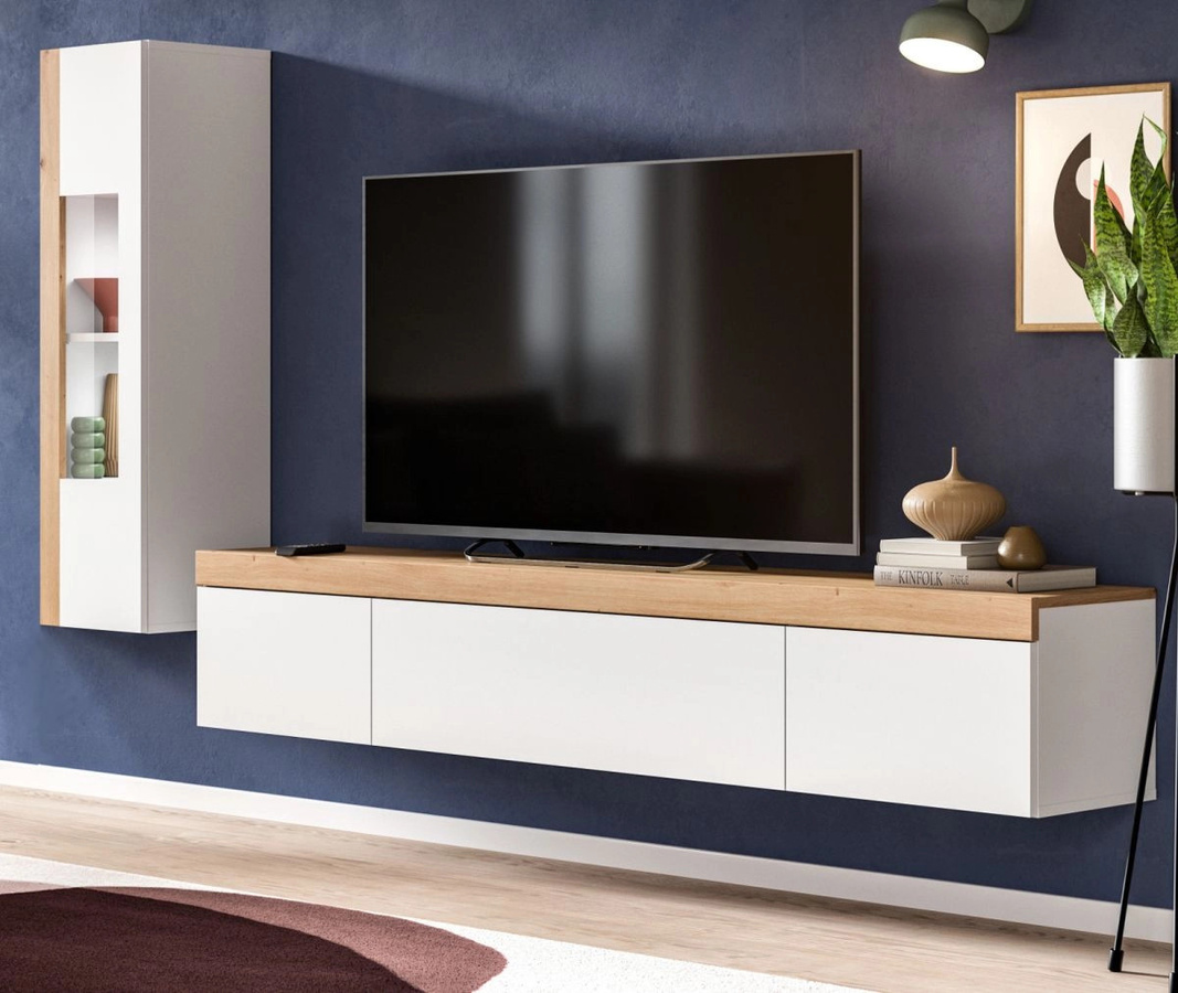 Inn.Furn Wohnwand 2-teilig Siena in Weiß und Eiche mit Vitrine und Lowboard, Breite: 225 cm - Bild 1