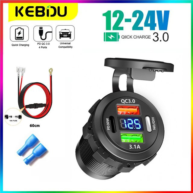 Kebidumei Autoladegerät mit PD und QC3.0 USB Type-C Steckdose, wasserdichtes Netzteil für Motorrad, LKW, ATV und Boot, Schwarz, 12-24V - Bild 1