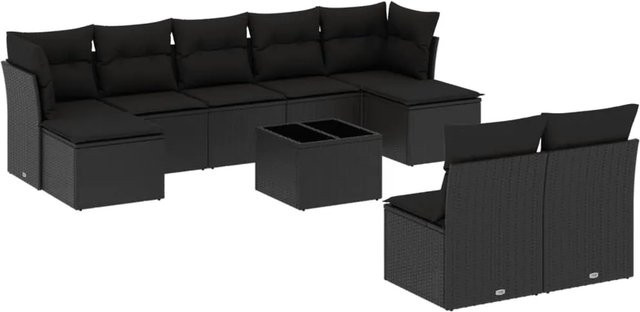 vidaXL 10-tlg Garten-Sofagarnitur in Schwarz mit Polyrattan, Ecksofa, Ottoman und Couchtisch mit Kissen und UV-beständigen Bezügen - Bild 1