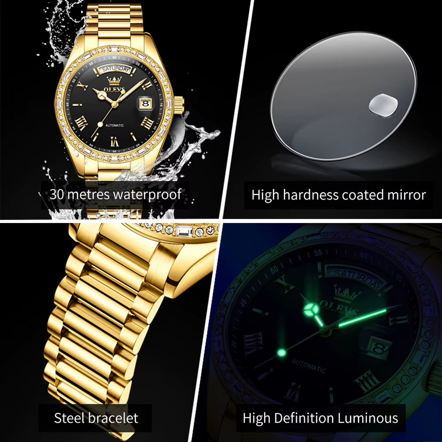 OLEVS Herrenuhr, Automatik, Edelstahl, Bicolor, Diamant, Datum, Wochentag - Bild 4