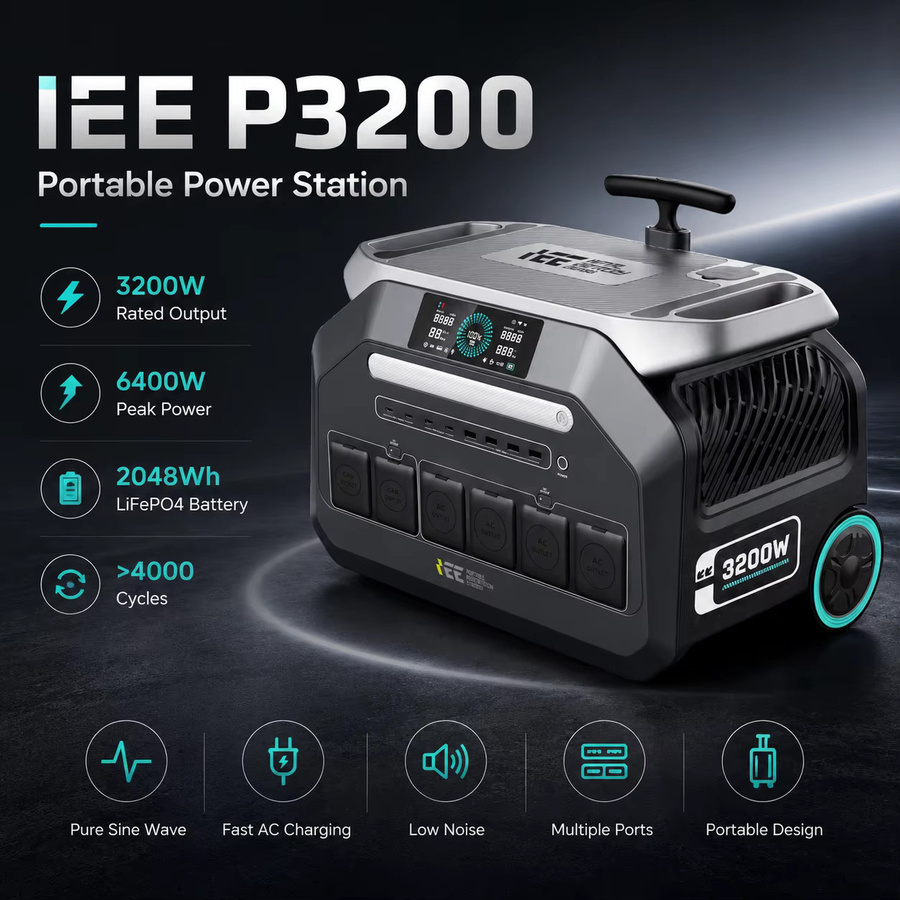 Tragbare Powerstation IEE P3200 Solargenerator mit 3200W, 2048Wh LiFePO4 Akku, WLAN und Bluetooth Smart-Steuerung in Grau - Bild 2