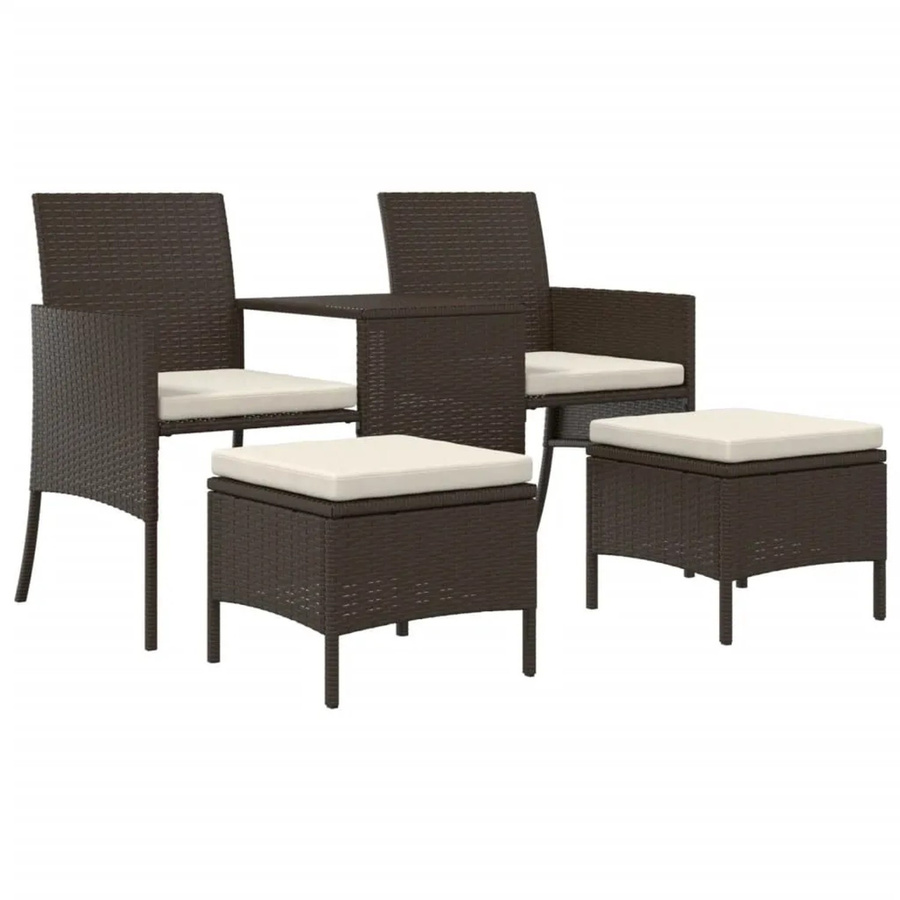 vidaXL Gartenmöbel-Set aus Poly Rattan in Braun mit 1-Sitzer-Bank, Teetisch, 2 Hockern und Polstern - Bild 2