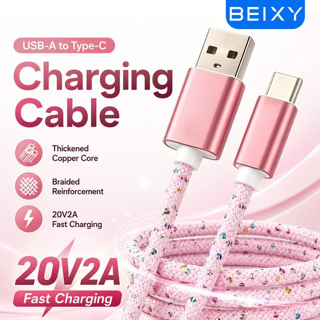 BEIXY USB-A auf Typ-C Schnellladekabel 40W in Pink, 3m Nylon Lade- und Datenkabel für Huawei, Samsung und Xiaomi - Bild 1