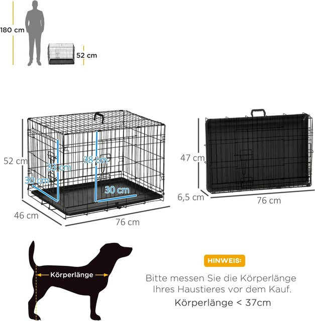PawHut Hundekäfig mit Gitter zusammenklappbar, Schwarz, B/T/H: 76 x 46 x 52 cm - Bild 1