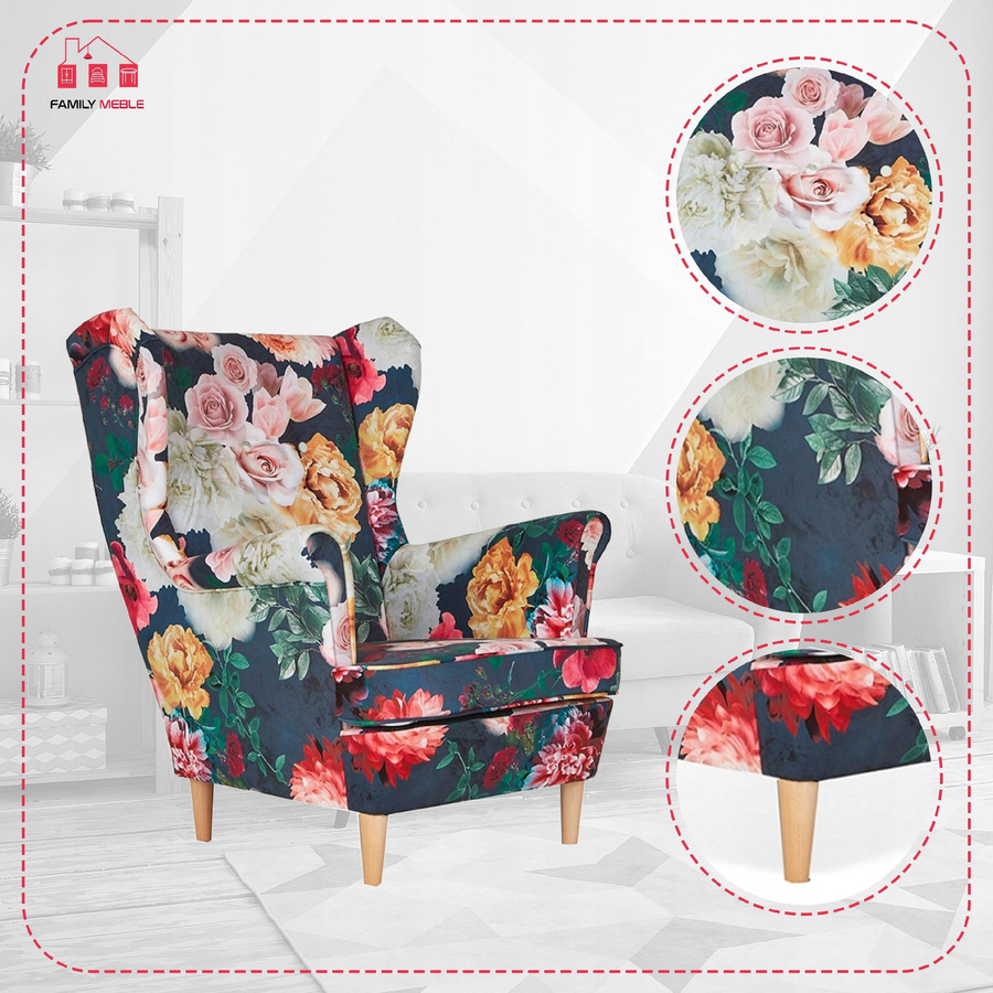 Ohrensessel ARI PRINT von Family Meble im skandinavischen Design mit floralem Pfingstrosen Blumen Muster in 3D-Optik - Bild 2