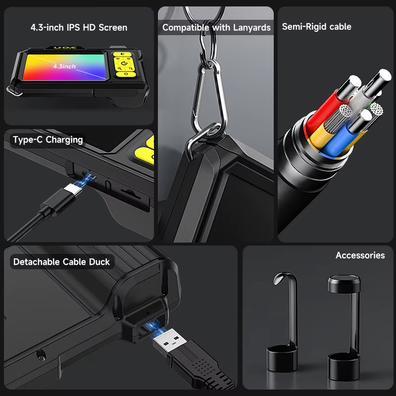 BUMBORN Endoskop mit 4,3 Zoll IPS Display, Dual 8mm Kamera, 1080P Auflösung, 5M starres Kabel und abnehmbarem Design in Schwarz inklusive Werkzeugtasche und Inspektionsrohr - Bild 4