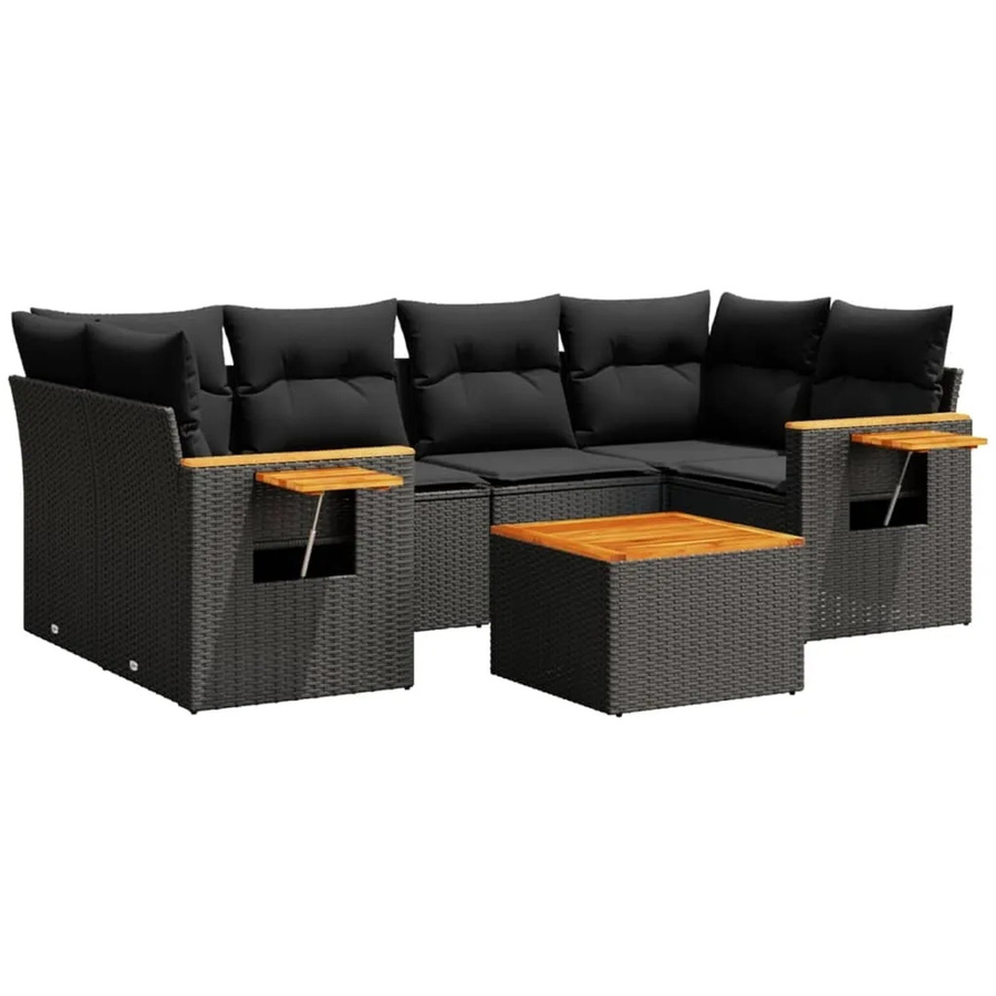 vidaXL 7-tlg Garten-Sofagarnitur mit Kissen aus Poly Rattan und Akazienholz in Schwarz - Bild 2
