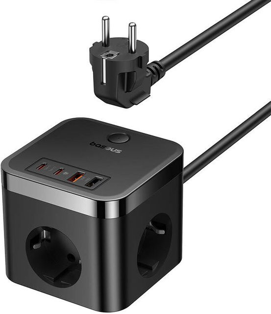 Baseus PowerCombo Cube Verlängerungskabel mit 3 Schuko-Steckdosen, 2 USB-A und 2 USB-C, Schwarz - Bild 1