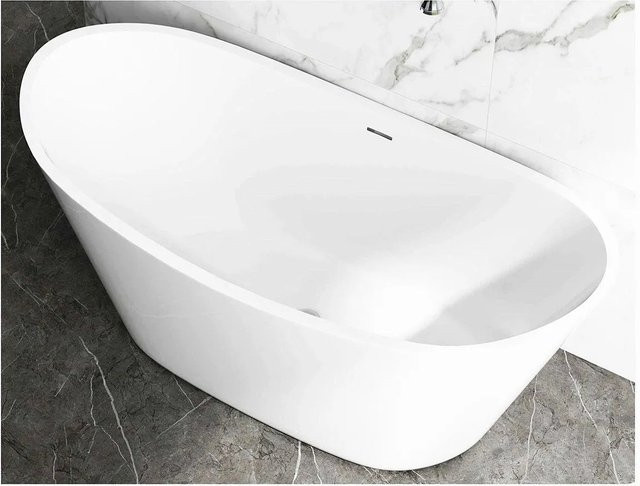 Freistehende Acrylbadewanne Duschparadies in Schiffsform mit Siphon Set, Farbe Weiß, B/T/H: 150 x 72 x 65 cm - Bild 1