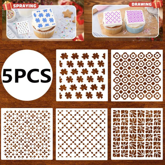 5er Set Kuchen- und Keks-Schablonen aus transparentem Kunststoff mit Rissblumen- und geometrischen Mustern, B/B: 12 x 12 cm - Bild 1