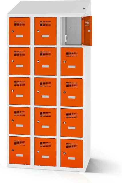 rotstahl Fächerschrank mit 15 Fächern und Ladefunktion, Farbe Orange, B/H: 90 x 200 cm - Bild 1