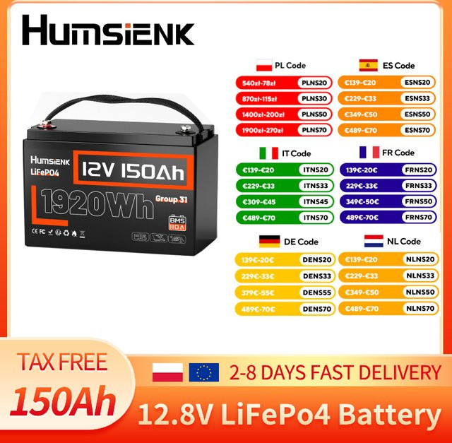 Humsienk 12V 150Ah LiFePO4 Lithium-Batterie mit 110A BMS, 1920Wh, Schwarz - Bild 1
