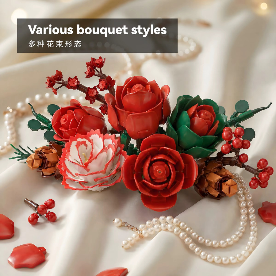 ZOCO Weihnachtsrosen-Bouquet Baukasten aus roten Blumen-Bausteinen als DIY Künstliche Botanische Heimdekoration für Erwachsene - Bild 3