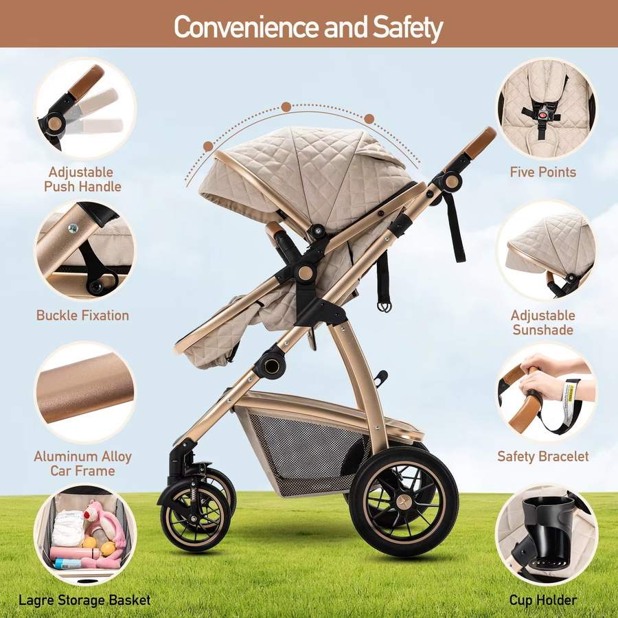 3-in-1 Babykinderwagen Kombikinderwagen mit Aluminiumrahmen und verstellbarem Griff in Schwarz oder Beige - Bild 4