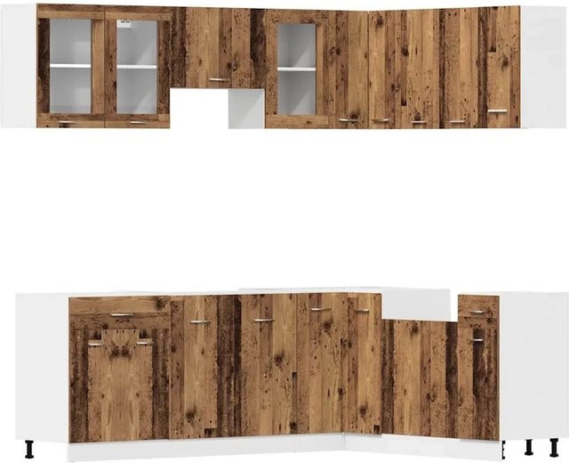 vidaXL Küchenschrank-Set Lyon in Altholz-Optik, 11-teiliges Eckküchenset aus Holzwerkstoff mit Glastüren und Schubladen, Braun - Bild 1