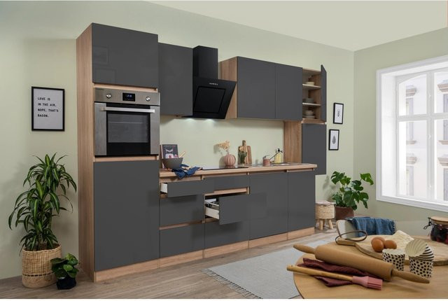 Respekta Küchenzeile GLRP330HESG puristisch, Grau Hochglanz Sonoma Eiche, B/T/H: 330 x 60 x 220,5 cm - Bild 1
