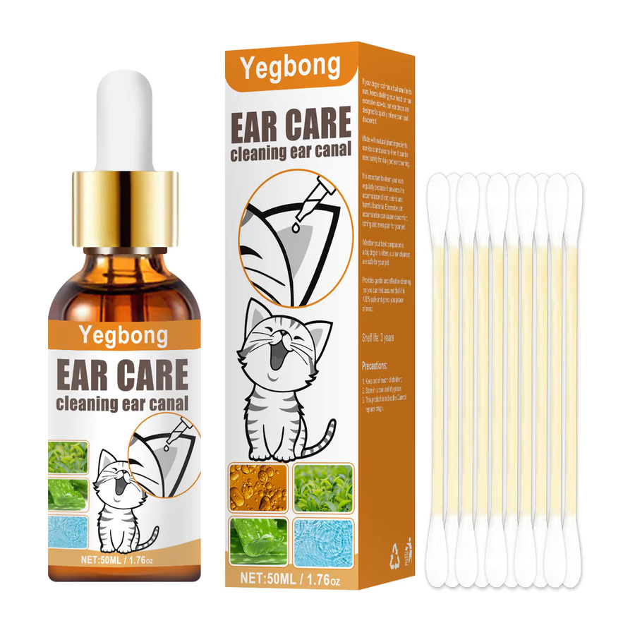 YEGBONG 2er-Set Haustier-Ohrpflegeset zur Milbenkontrolle und Juckreizlinderung mit hypoallergener Reinigungslösung und Wattestäbchen für Hunde und Katzen, multicolour - Bild 4