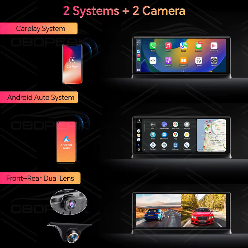 OBDPEAK K2 Pro Dash Cam mit 11,3 Zoll Display, 4K UHD Dual Kamera mit 170 Grad Fischaugen-Objektiv, Wireless CarPlay und Android Auto, Schwarz - Bild 2