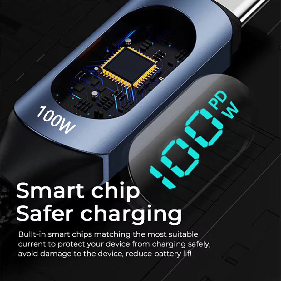 NNBILI 100W Typ-C zu Typ-C PD Schnellladegerät Display-Kabel in Schwarz für iPhone, Samsung und Huawei - Bild 3
