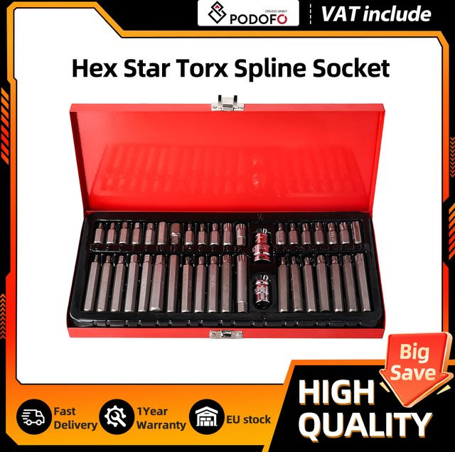 Podofo 40-teiliges Schlagschrauber-Bit-Set mit Sechskant, Stern, Torx und Spline für 1/2 Zoll und 3/8 Zoll Antrieb inklusive Aufbewahrungskoffer - Bild 1