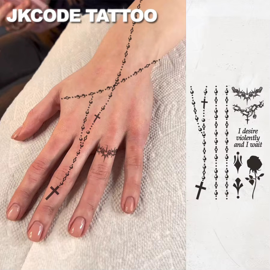 JKCODE TATTOO Temporäre Tattoos, Wasserfest, Set mit Kreuz-Armband, Dornenring, Rosen und Finger-Tattoos - Bild 3
