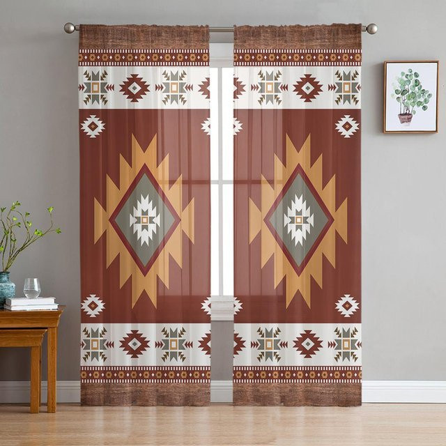 Tribal Totem Bohemian Voile Gardinen von Super Six in Braun, Chiffon Tüll Vorhang für Wohnzimmer, Küche und Schlafzimmer, Breite: 135 cm, Höhe: 114 cm - Bild 1