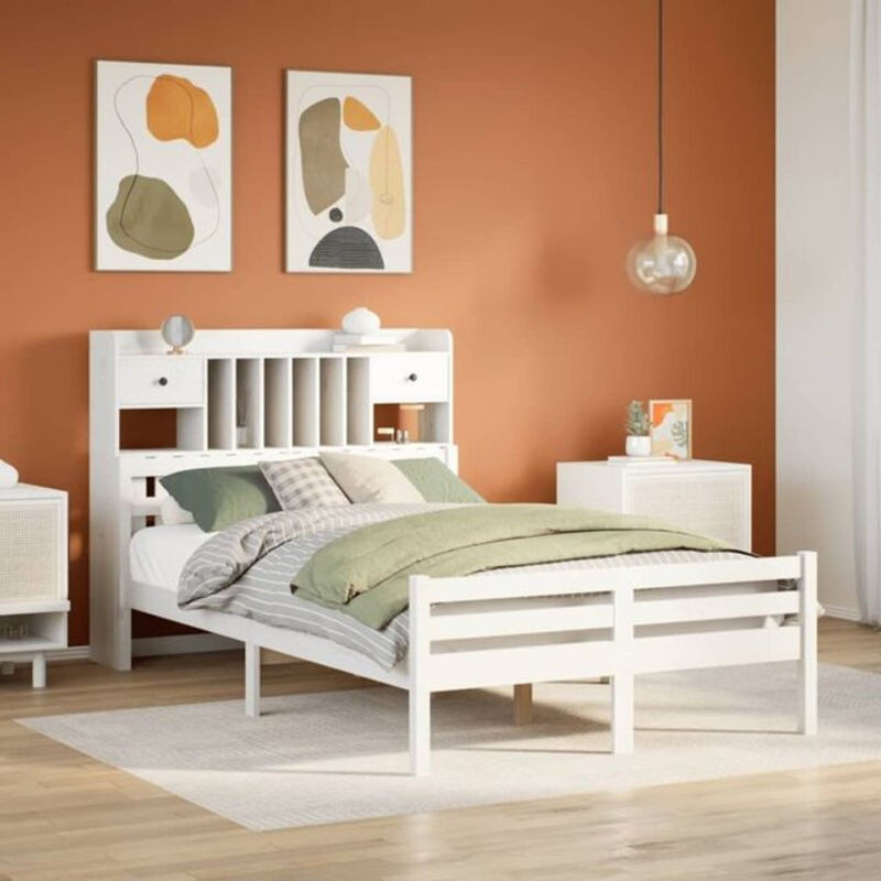 Massivholzbett mit Regal aus Kiefer in Weiß von Vidaxl, B/T/H: 135 x 190 x 110 cm - Bild 1