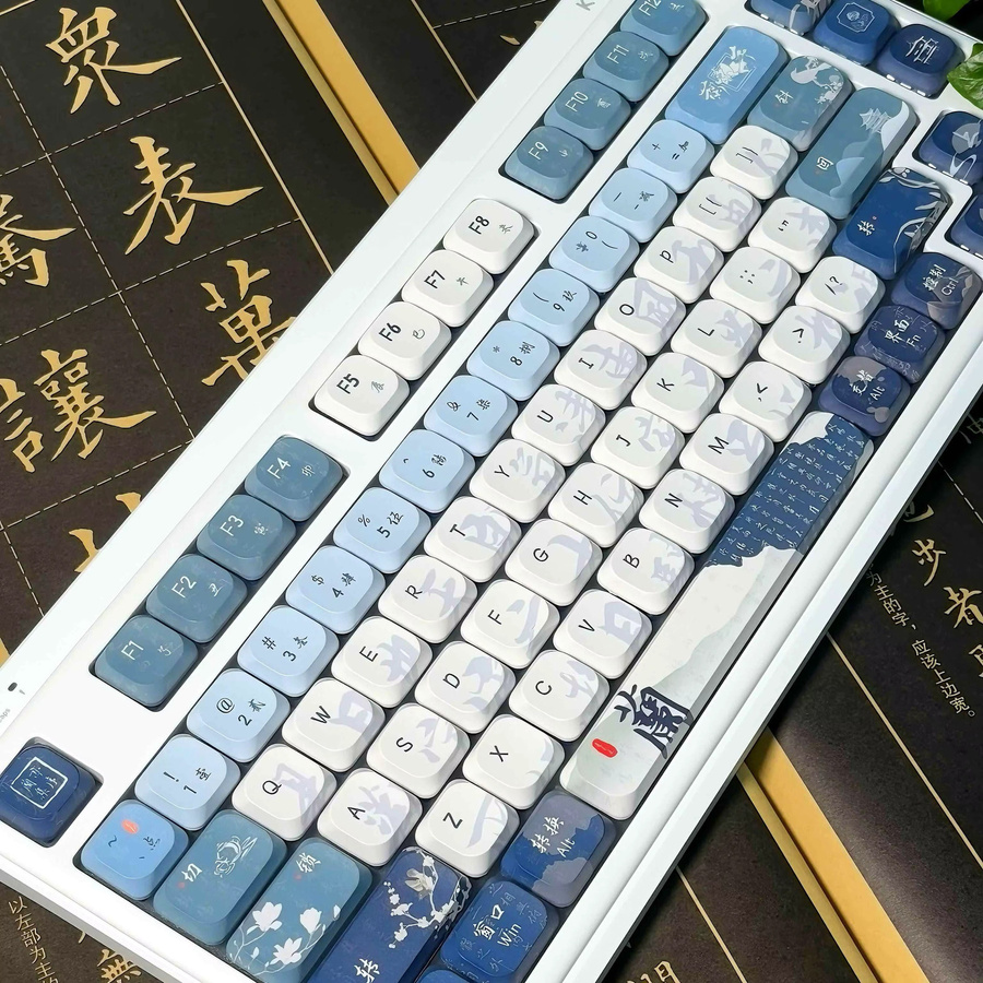 DIXSG Low Profile Vintage Blue Slim PBT Tastenkappen für mechanische MX Switches, 120 Tasten, Farbsublimation, Blau/Weiß - Bild 5