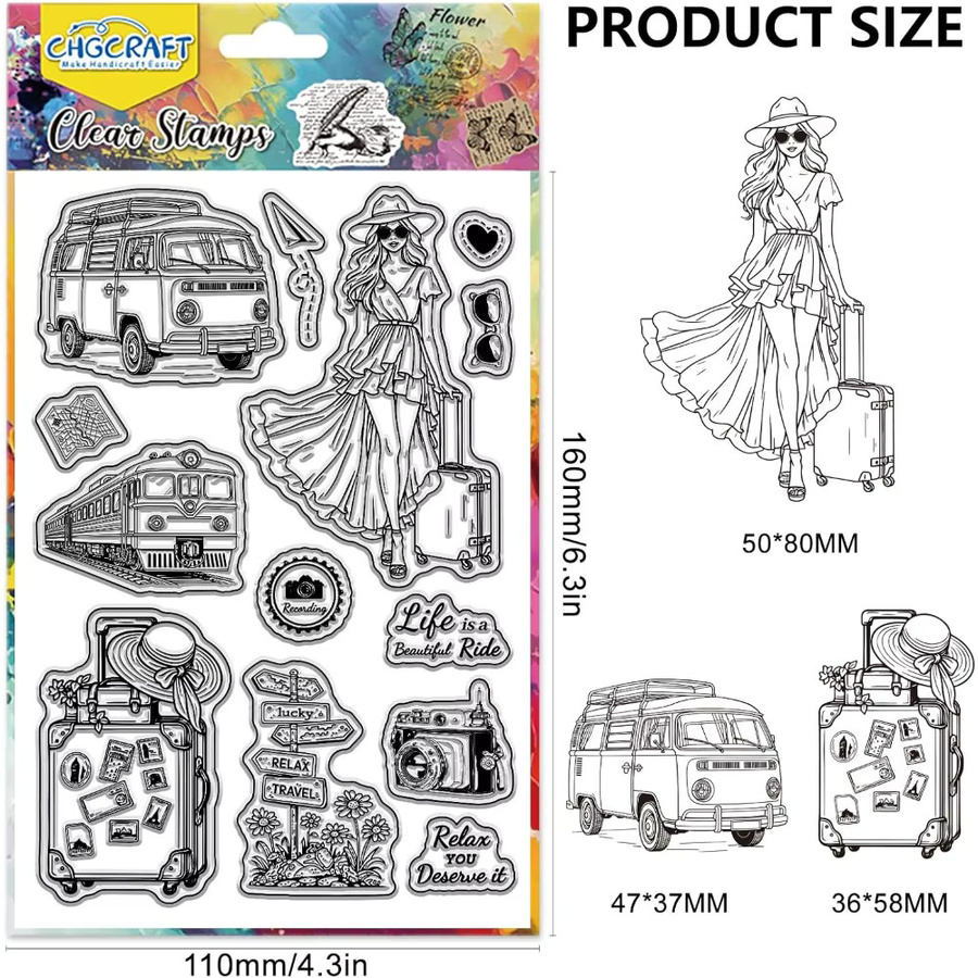 Travel Lady Transparente Silikonstempel Set mit Motiven von Bus, Zug und Kamera für Scrapbooking und DIY-Projekte - Bild 2