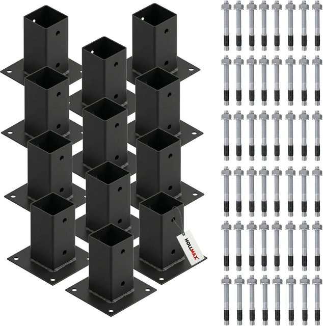 HOLLMAX Pfostenträger Set mit Schwerlastankern für Vierkantpfosten, 12 Stück, Aufschraubhülse 71 mm, Schwarz matt pulverbeschichtet - Bild 1