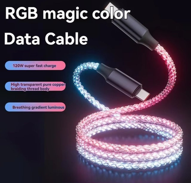 VBNM RGB USB-A auf Typ-C Ladekabel mit fließender LED-Beleuchtung, 120 W, Multicolour, Datenkabel für iPhone, Samsung, Huawei, Oppo und Vivo - Bild 1