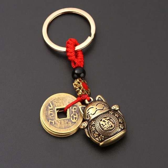 Schlüsselanhänger Messing, chinesische Münze, Glückskatze, Unisex - Bild 1