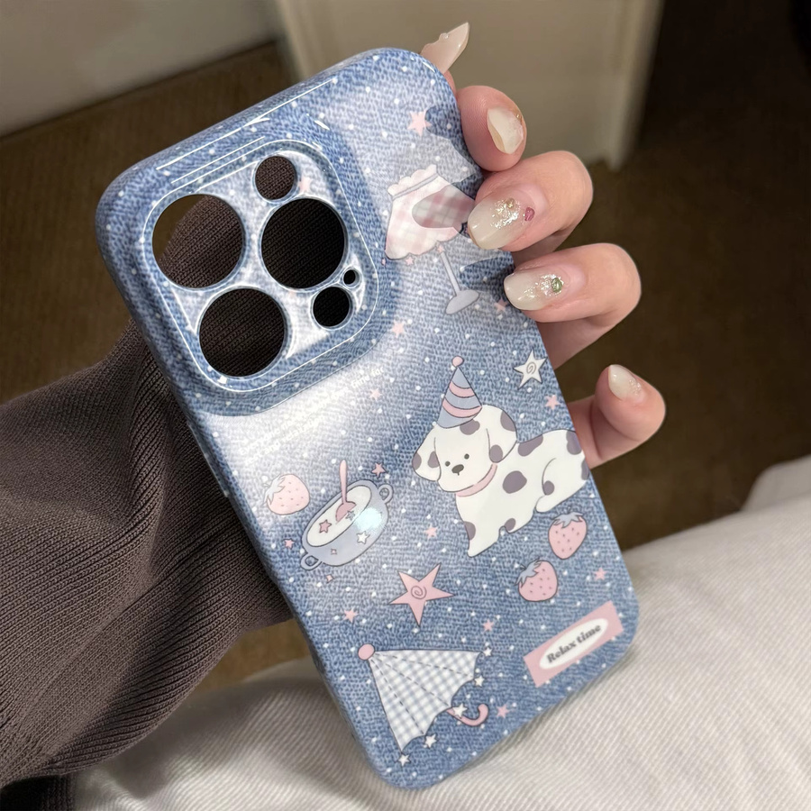 MUQGEW Stoßfeste iPhone Handyhülle mit koreanischem Denim-Muster und Cartoon-Welpen in Blau - Bild 3