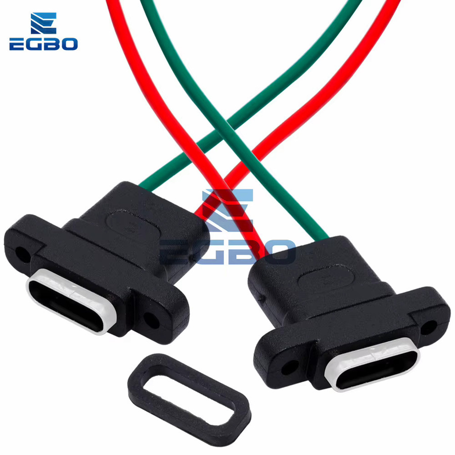 EGBO USB-C Ladeport 2-Pin wasserdichte weibliche Buchse mit W-förmig gelöteten Drähten in Schwarz - Bild 5