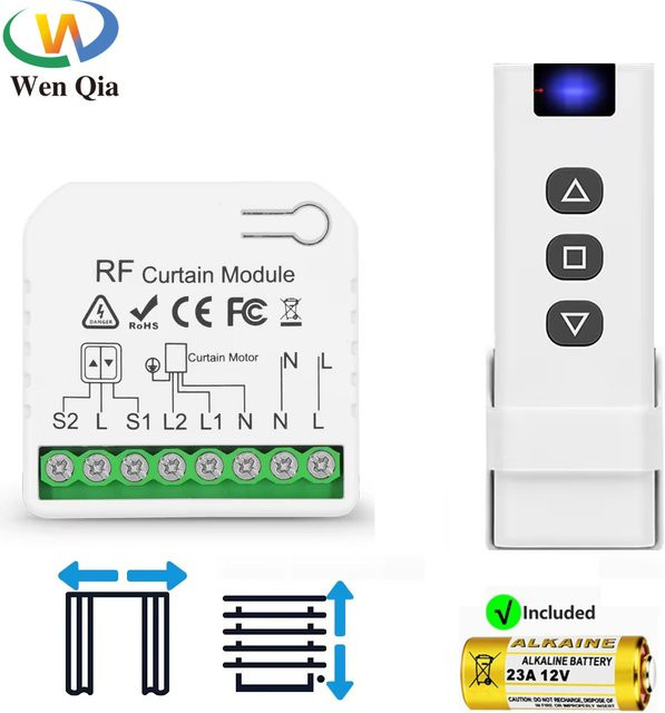 WenQia RF 433 MHz kabelloser Rollo-Motor-Jalousie-Schalter mit Fernbedienung in Weiß, 70 m Reichweite für elektrische Vorhänge und Jalousien, ohne WLAN - Bild 1