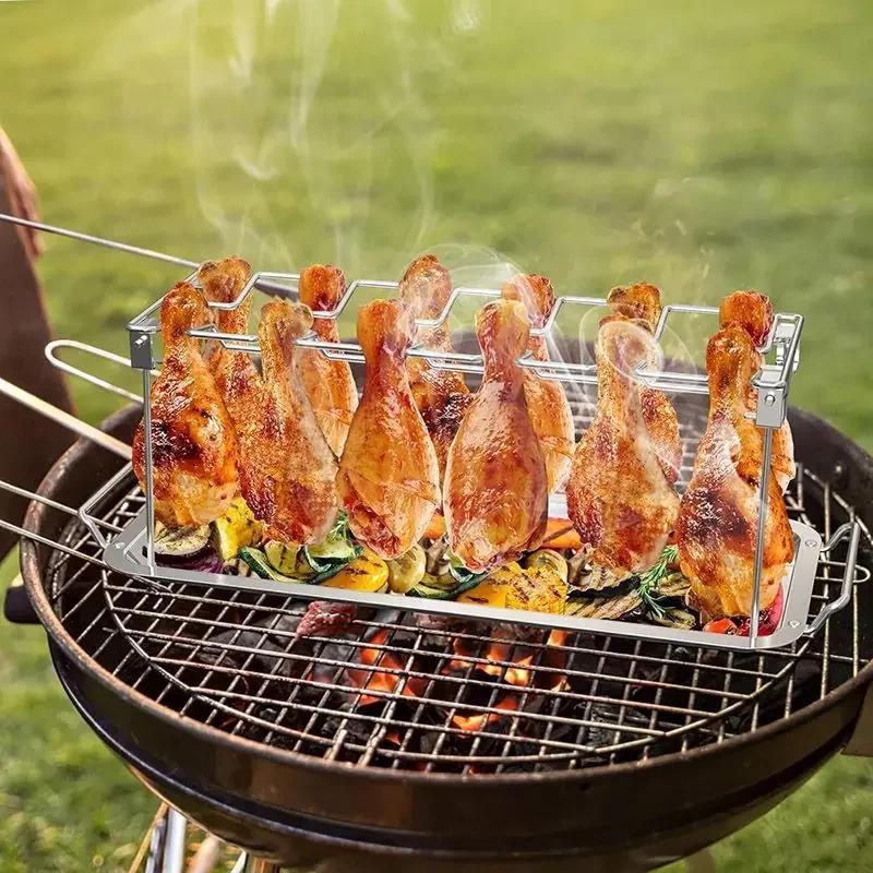 Zusammenklappbarer Barbecue Bratenständer aus Edelstahl in Silber für Hähnchen und Braten zum Grillen und Outdoor BBQ - Bild 3