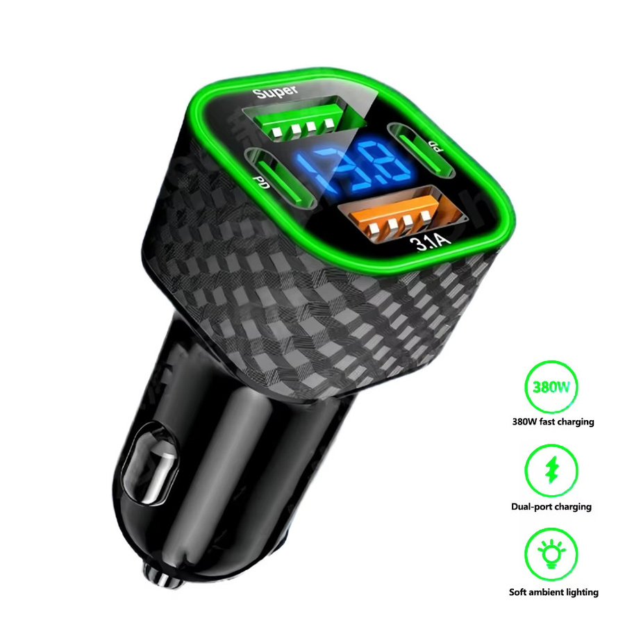 4-in-1 Autotelefon-Ladegerät mit USB-C Dual PD und Spannungsanzeige, 380 W Superschnellladeadapter in Schwarz für iPhone, Xiaomi, Oppo, Vivo und Samsung - Bild 3