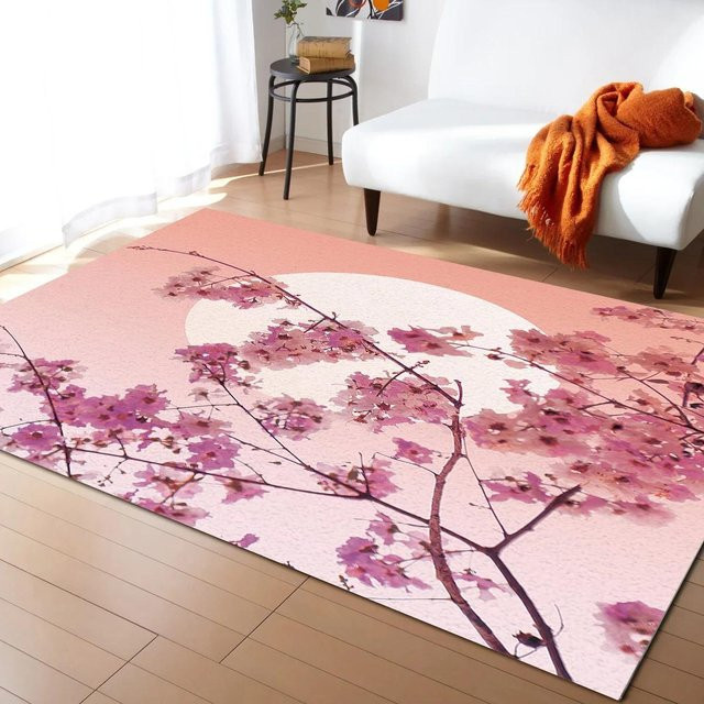 Karpetti Japanischer Sakura Kirschblüten Teppich mit floralem Design, beige und pink, rutschfest und waschbar, B/T: 60 x 40 cm - Bild 1