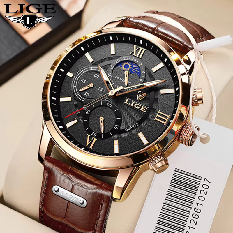 LIGE Armbanduhr, Quarz, Leder, Schwarz, Silber, Herren - Bild 6
