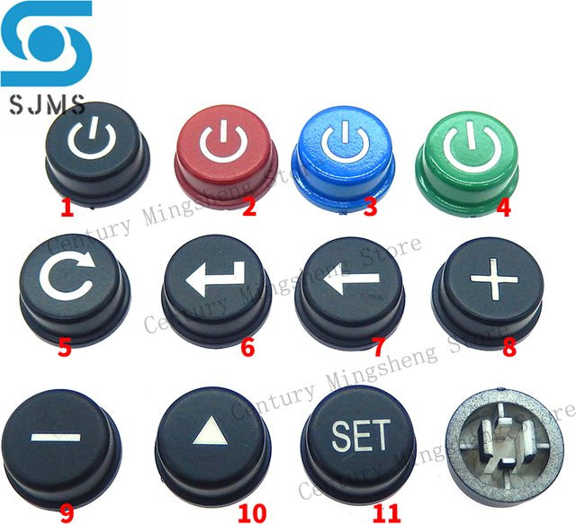 10 Stück Taktile Druckknopf Schalterkappen mit Power-Pfeil-Symbol für B3F-4055, Farbe: Schwarz und Multicolour, B/T/H: 12 x 12 x 7,3 mm, Marke: SJMSDZ - Bild 1