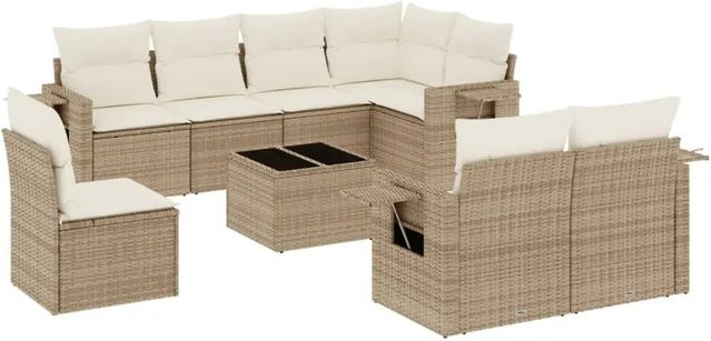 vidaXL 9-tlg. Garten-Sofagarnitur in L-Form aus Polyrattan mit Kissen, Beige - Bild 1