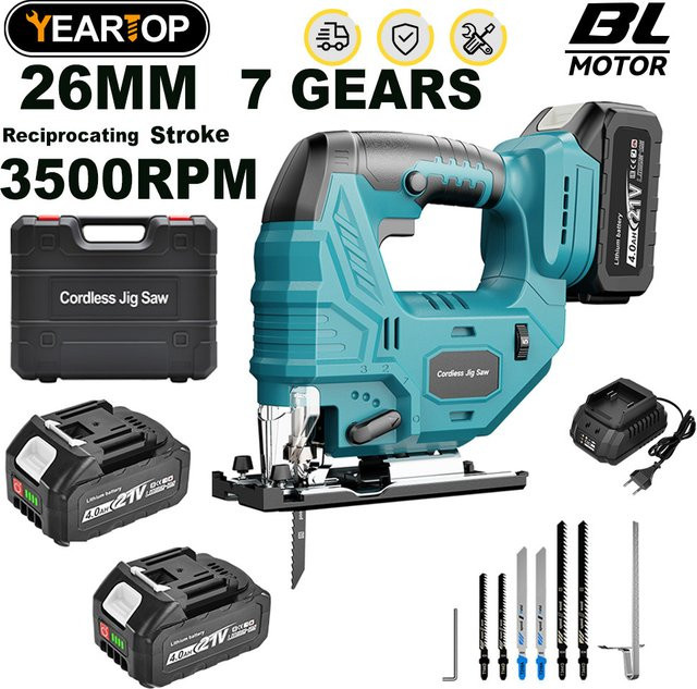 YEARTOP 7-Gang bürstenlose elektrische Stichsäge in Türkis, kabelloses Holzschneidewerkzeug kompatibel mit Makita 18 V Akku, Hubweg: 26 mm - Bild 1