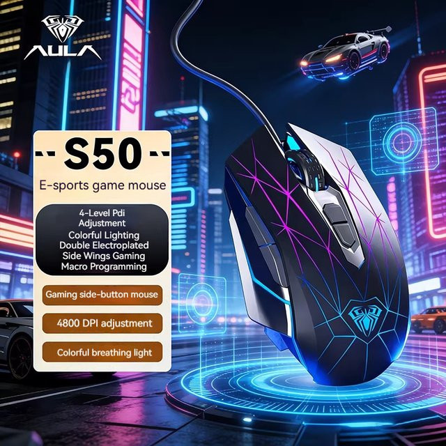 AULA S50 Gaming-Maus mit RGB-Hintergrundbeleuchtung, 6 programmierbare Tasten und 4 einstellbaren DPI, kabelgebunden, in Schwarz oder Weiß - Bild 1