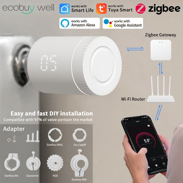 Tuya Smart Zigbee 3.0 Thermostatventil für Heizkörper in Weiß mit App-Steuerung und Smart Home Integration für Alexa und Google Home - Bild 1