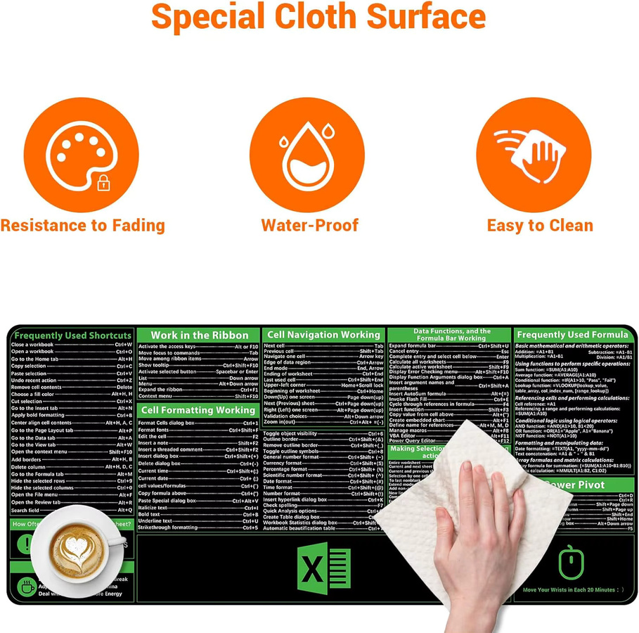 YSAGi Excel Cheat Sheet Schreibtischunterlage XXL Mauspad mit Excel-Verknüpfungen und rutschfester Basis - Bild 5