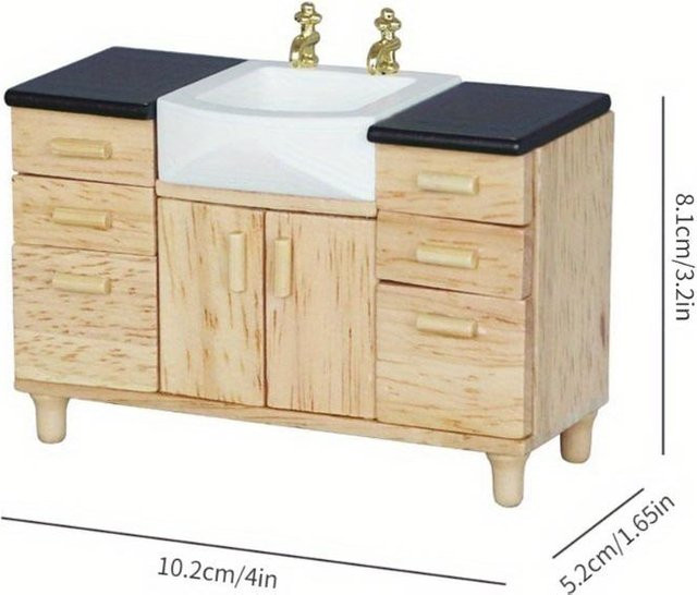 Waschbeckenschrank aus Holz mit Handwaschbecken aus Keramik, Miniaturmöbel, 1/12, beige - Bild 1