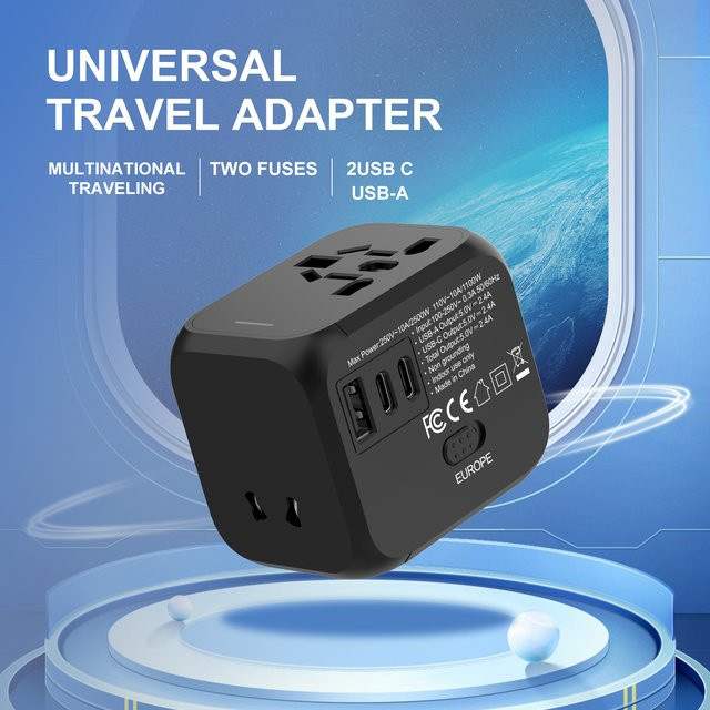 HKLAMIN Universeller Reiseadapter All-in-One mit USB-C und USB-A Anschlüssen für über 200 Länder - Bild 1