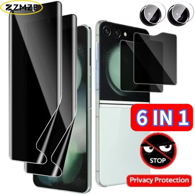 6-in-1 Sichtschutzfolien-Set für Samsung Galaxy Z Flip5 6 7 7FE inklusive Hydrogel-Folie, Linsenschutzfolien und Anti-Spy-Glas für den äußeren Bildschirm - Bild 1