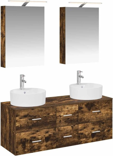 vidaXL Badezimmermöbel-Set 5-teilig aus Eiche in Braun mit LED-Spiegelschrank, Waschtischunterschrank und Wandschränken - Bild 1